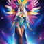 Placeholder: full body photorealistic portrait of a beautiful smiling amazonian carnival spiritual goddess with long parma white hair, colorful feathers tight hips with a tron like body suit in a cosmic surounding only blue , pink and yellow