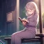 Placeholder: anime girl sitting on a porch swing of an old house, journaling, wearing pajamas, writing in a book, shes watching it rain, more detail on hands and her face,shes deep in her thoughts, wearing glasses, rain drops, she has a pencil in her hand and is writning in the book, she is looking down at what she is writing