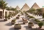 Placeholder: tourist walkway with the pyramids, including modern seating areas with planters and bazaars.