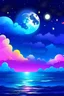 Placeholder: sky colored purple blue and pink and white , ocean , white moon , yellow stars