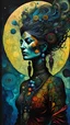 Placeholder: Max Ernst surrealist full body portrait alcohol ink illustration of a female ayahuasca shaman with intricately detailed hair and facial features, traversing the multiverse of transformative and expanded consciousness, blurring the boundaries between mortal and immortal, sharply defined and detailed, 4k in dark moody natural colors