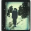 Placeholder: cryptid in the snow polaroid vintage style realistic