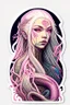 Placeholder: a sticker of a woman with a long hair and a snake's head, dan mumford and alex grey style, trending on artstaion, pink skin, portrait of anime woman, inspired by Karol Bak, porcelain looking skin, connectedness, twitter pfp, yosuke ueno, blonde girl, anatomically perfect, biopunk armor