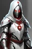 Placeholder: Female Warforged robotic cleric, with round red glowing eyes, cloak, wearing white procelain armor, medieval style, dungeons and dragons