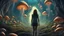 Placeholder: woman walking through Alien mushrooms with jellyfish tentacles, floating through an alien forest, in a huge cave, floor covered in mushrooms, photorealistic, Deep Colour, Intricate Detail, sunshine, blue sky