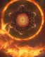 Placeholder: a fiery wheel with 100 eyes floating above the ground, a laser beam pentagram floating above the ground, celtic knot bronze floating, golden ratio, spring time, mushrooms, 8k, flickering light, centered, high-quality, fine-detail, digital art, detailed matte, volumetric lighting, illustration, 3D octane render,psychedelic color, fibonacci, symmetry