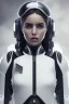 Placeholder: Ana de Armas, Black intergalactic pilot suit, portrait, bright white eyes, wearing high tech pilot breathing mask, beautiful face, white smoke, dark, rage, sorrow, high definition, ultra 8 k, volumetric lighting, blue fire, fog