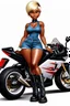 Placeholder: create an airbrush illustration of a chibi cartoon voluptuous black female wearing a blue jean outfit with biker boots. Prominent make up with hazel eyes. Extremely highly detail of a very low platinum blonde pixie haircut. Background of a bike show.