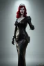 Placeholder: Christina Hendricks as evil queen in black leather gown, feminie, angry, stern look on her face, volouptous, busty, cleavage, emperious, mature, style of frank miller sin city, unreal 5, octane render,cinema4d, dynamic lighting, dramatic lighting, 4k, redshift render, highly detailed, hyper realistic, inside dungeon