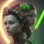 Placeholder: A beautiful portrait of a single minded cute cyberpunk woman, a short wolf haircut lime green color scheme, high key lighting, volumetric light high details with a lizard like alien with feathers and claws, 3/4 torso. Portrait with a light saber and single solid chestplate. Pyramid tattoo on her forehead