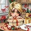 Placeholder: acrylic glossy, Christmas themed, whimsical cute caricature of an tired dark-blonde green eyes woman with messy long hair. she's wrapping a box with Christmas wrapping paper at the kitchen table. head resting on box. around her chocolate boxes, chocolate bar, chocolate balls, brandy bottle with precize text:"pálinka" and presents piled up. ribbons, and wrapping paper on table. funny detailed, stunning illustration