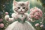 Placeholder: an anthropomorphic, kitten bride happily throwing a bouquet in a beautiful garden. The kitten has fluffy fur in shades of light brown and grey with distinct tabby markings on its face. Its large, expressive eyes are a deep emerald green and it has a small, pink nose. The kitten is wearing embroidered white lace bride dress, tulle, gemstones, pearls, adorning the hem and bodice. Behind her, a celebrating crowd, cats and people dressed in elegant clothes, wedding food and cake on the tables. Behin