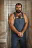 Placeholder: full figure photo, two burly big chubby sicilian plumber, dirty, ripped overalls, 33 years old, crossed arms, shaved, short beard, manly chest, very virile, hairy, manly arms, ugly, big thighs, under the shower, sunlight , photorealistic, 35mm lens, ultra detailed