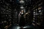 Placeholder: full-height shot of a woman in a tifull-height shot of a woman in a tight black dress, inside a large magic book shop, shelving, lights, books, bottles, windowsght black dress, holding up small glowing symbols, inside a magic book shop