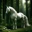 Placeholder: Licorne blanche réaliste, détail net, dans une forêt fantastique verte