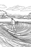 Placeholder: Outline art for coloring page OF A SURFER RIDING A WAVE IN HAWAII LOOKING AWAY FROM US, coloring page, white background, Sketch style, only use outline, clean line art, white background, no shadows, no shading, no color, clear