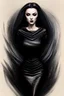 Placeholder: Stunningly gorgeous femme fatale as addams, full body portrait, perfect face, beautiful eyes, black dress, ring light, Black lipstick, hyper realist, hyper detailed, intricated, realistic shading, unreal engine, octane, final fantasy, karol bak, greg rutkowski, rossdraws, artgerm, wlop, vallejo