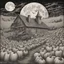 Placeholder: Sinister Jack-o-Lantern cryptids in a herd climbing over rickety barn, nighttime harvest moon, expansive silverpoint illustration surreal horror masterpiece; dramatic; stygian cornfield farm, deep red-black-orange colors.