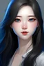 Placeholder: A twenty-year-old girl, with white skin, Big chest , blue Asian eyes, one mole next to her left eye, a button nose, round and full lips, long wavy black hair, and a perfect figure.