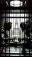 Placeholder: Arnold of the movie the terminator playing chess with the alien predator in a cage in Paris