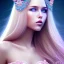 Placeholder: beautiful, soft, smiling,long straight blonde hair blues eyes, crown on the head, clothing in transparent bluish and pink veil, background brillante bluish and pink,