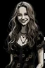 Placeholder: A girl in her late twenties, with slightly sharp features, long blond hair and hazel eyes with a happy smirk, wearing a Chanel dress, with a rustic look, sketch, on a black background