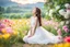 Placeholder: romantic environment heaven flowers clear nice clouds ,young girl gracefully whispering her lovely joy,full body shot.