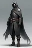 Placeholder: a person wearing a mask, goggles , grey hooded cloak and leather armor, full body