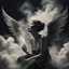 Placeholder: women sitting forward Her face turned upwards and blows cigarette smoke from their mouth. It depicts a figure with wings emerging from its back. behind the clouds of smoke seen death. dark and mysterious