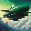 Placeholder: [art by Moebius] A dark green spaceship with two large engines on the sides is flying through clouds. It has a triangular shape and looks like it could be from Star Wars or Blade Runner. It's leaving behind a long trail of light as its engine fires off on one side. A planet can be seen far away above the ship. Photorealistic in the style of concept art.