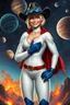 Placeholder: Karen Starr, full body, young athletic white female, crew cut bleach-blonde hair, thin, blue goggles over eyes, black cowboy hat, semi-pointed chin, muscular build, Wearing white long-sleeved bodysuit with high collar with plunging neckline, blue elbow gloves, red belt with gold buckle, red cape, blue knee boots. Big smile. Background: outer space, planets, stars, galaxies, fire, explosions, volcanic lava, craggy peaks. Photorealistic
