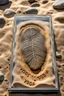 Placeholder: a close up concave imprint of a gigantosAurus footprint, imprinted within the sand inside of a glass box filled half way with sand, it's a big footprint with 3 toes, surrounded by shiny river stones,leaves and a walking stick, outside on the glass is a metal nameplate with "Yoda" written on it