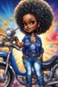 Placeholder: create an airbrush illustration of a chibi cartoon voluptuous black female wearing a blue jean outfit with a tie dye tshirt with biker boots. Prominent make up with hazel eyes. Extremely highly detail of a tight curly black and shiny afro. Background of a bike show