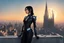 Placeholder: A slim Woman With Black shoulder length hair, Wearing an android-looking suit, standing sideways On a ledge of a building, with a moon Behind Her Head, towering spires and buildings highlighted by the setting sun