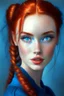 Placeholder: girl with red hair in two ponytails, blue eyes, makeup on her face, flirty look, blue shirt