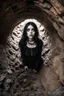 Placeholder: Closeup tall Girl goth with big eyes, crushed for tunel walls, inside claustrophobic, ragged clothes, fullbody, the perspective looking up from the bottom of an empty well , 8k,macro photography,