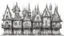 Placeholder: A technical front view pencil drawing of a row of neglected tall, narrow fantasy houses of different heights.