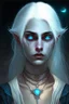 Placeholder: hauntingly beautiful character for dnd, young woman with white hair and blue eyes, angel, with moon necklace, vampire bite