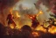 Placeholder: Priest smites demon with fire, armies battling in the background, romanticism.