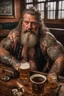 Placeholder: full body shot photography of a burly tired muscular beefy stocky viking tattoed 58 years old lying down relaxing on a table full of glasses of beer in irish pub, manly chest, shirtless, hairy torso, dressed wth traditional dress,, long hair, long beard, emotive eyes, big shoulders, ambient occlusions, photorealistic , top view