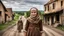 Placeholder: back to the camera in front stands a sad dark blonde young married woman in old hungarian brown villager clochts and headscarf stands on the villager old road and looks some playing happy villager children, sad, dramatic vibe, in background blur old poor house, detalied, sharp focus, high realistic