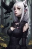 Placeholder: CAT GIRL, goth, forest, nature, cartoon, leaves, half black half white hair, boobs, ravens