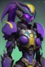 Placeholder: One Genderless Cyborg made of old rusted metal, has a human like face with a really long violet ponytail, the armor is similar to Zero from Megaman. The color palatte of the armour is deep purple and yellow. They have Turquoise colured eyes. The Background is dark grey.