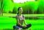 Placeholder: "A person smiles and feels contentment and serenity while practicing meditation in nature. They may be sitting on the grass or by a tranquil lake, placing their hands on their knees, and blissfully closing their eyes 4K