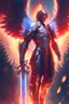 Placeholder: Archangel with 6 wings, full body, intricate red armor, sword in the hand, ornate, cinematic lighting, focused, high details, standing on fire and flames, lightbeam, light ray, digital painting, digital illustration, extreme detail, digital art, 4k, ultra hd, beautiful fantasy landscape, realistic and natural, cosmic sky, detailed full-color, nature, hd photography, fantasy by john stephens, galen rowell, david muench, james mccarthy, hirō isono, realistic surrealism, elements b