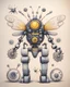 Placeholder: a robot made in the shape of a gear wheel and a robot bee above the head for a children's story, made with crayons, scale the drawing so that it does not protrude beyond the view