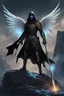 Placeholder: A commander with a black cloak and a long coat with long combat boots and a long spear with his Helmet is golden under his cloak like assasins With a magical power in his hand and a white anklet and boots With blue flame eyes,It has two black wings on its back,Standing on top of a rock