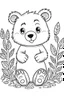 Placeholder: cute coloring page, sketch style, cute baby bear in the wood, cute cartoon, white and black, withe background, no shadows, outline.