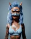 Placeholder: hybrid character, waitress sexy woman with monster muppet mask that covers her entire head, silver punk, short shirt, tray, yakuza tattoo, retro style, Sesame Street style, hot, smooth, unreal engine 5, god lights, ray tracing, RTX, lumen lighting, ultra detail, volumetric lighting, 3d.