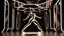 Placeholder: a 3d fractal stage structre made of metallic dark color 3d structures, pertty artistc background,dynamic lights,lady prances in modern fashion clothing dansing in stage